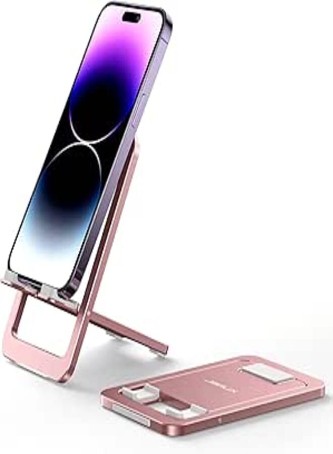 JSAUX Cell Phone Stand, Foldable Phone Holder for Desk, Angle Adjustable Aluminum Mobile Phone Stand, Android Phone Holder Stand Compatible with iPhone13/12, Samsung, All Mobile Phones (4-9'') -pink